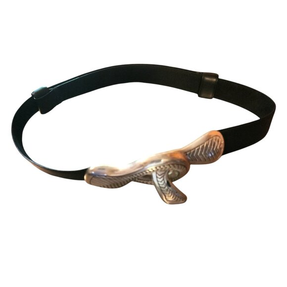 Vintage Chico's Silver Snake Buckle Black Vegan Leather Belt Adjustable - Picture 5 of 5